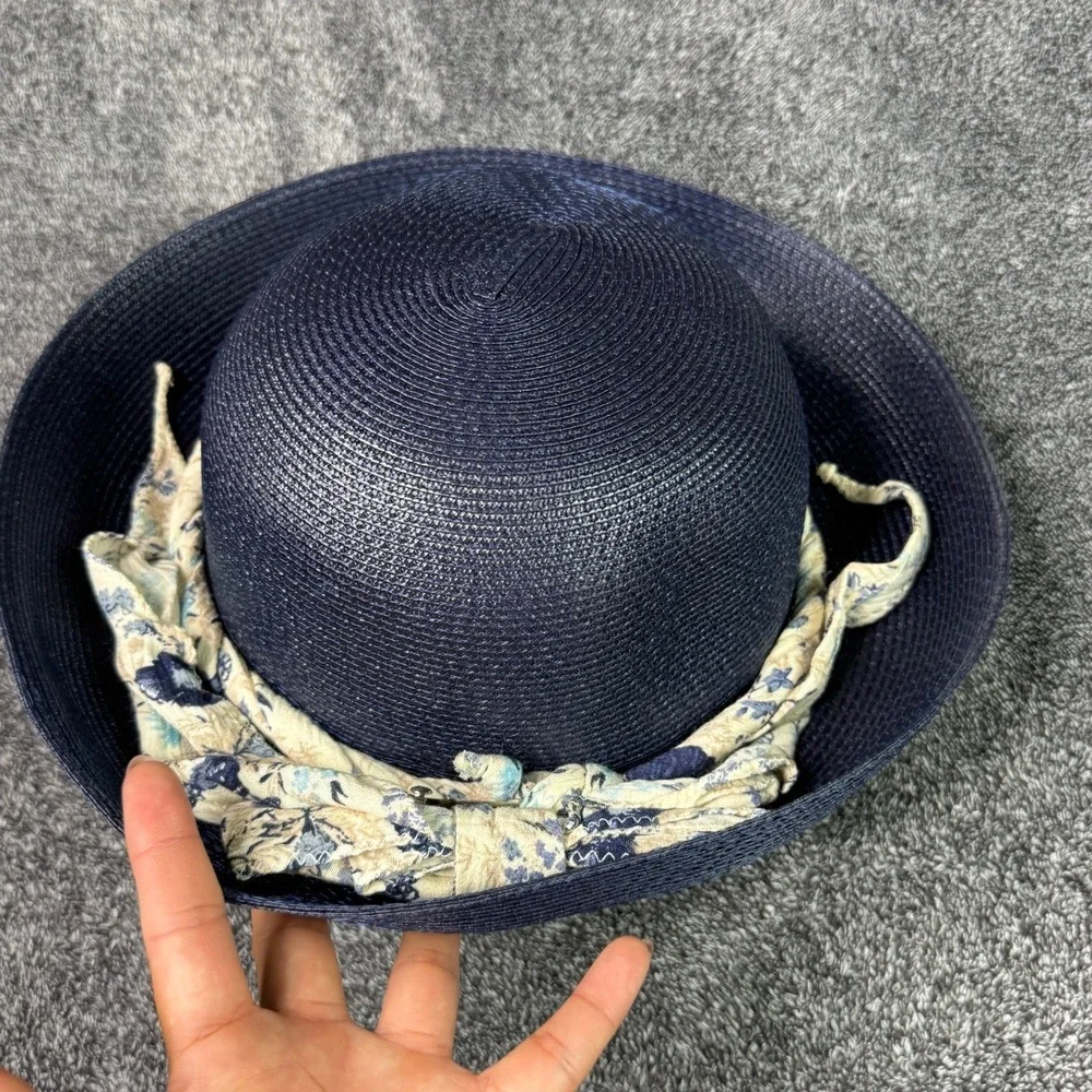 Street Smart by Betmar Navy Blue Woven Cloche Sun Hat Floral Scarf Accent